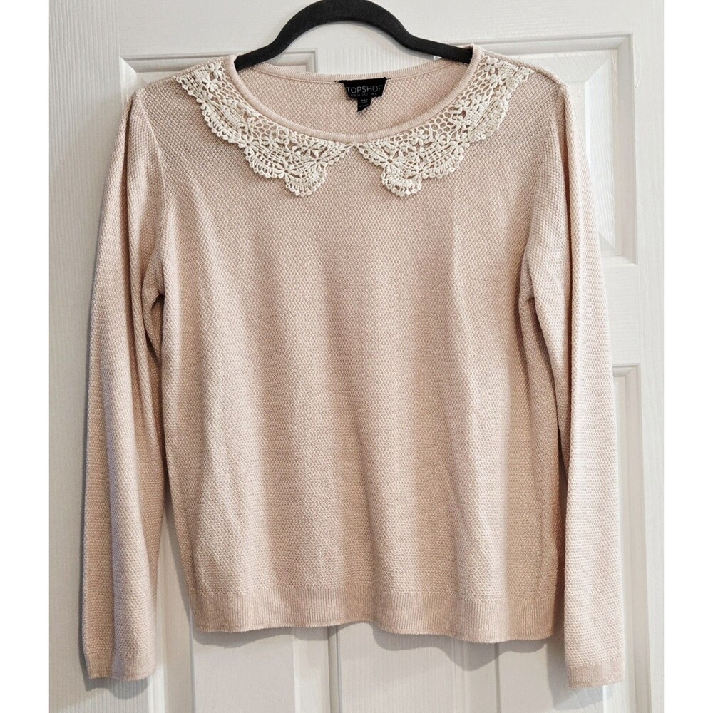 Topshop Pink Sweater Cream/White Lace Peter Pan Collar Coquette Cottagecore Sz 2